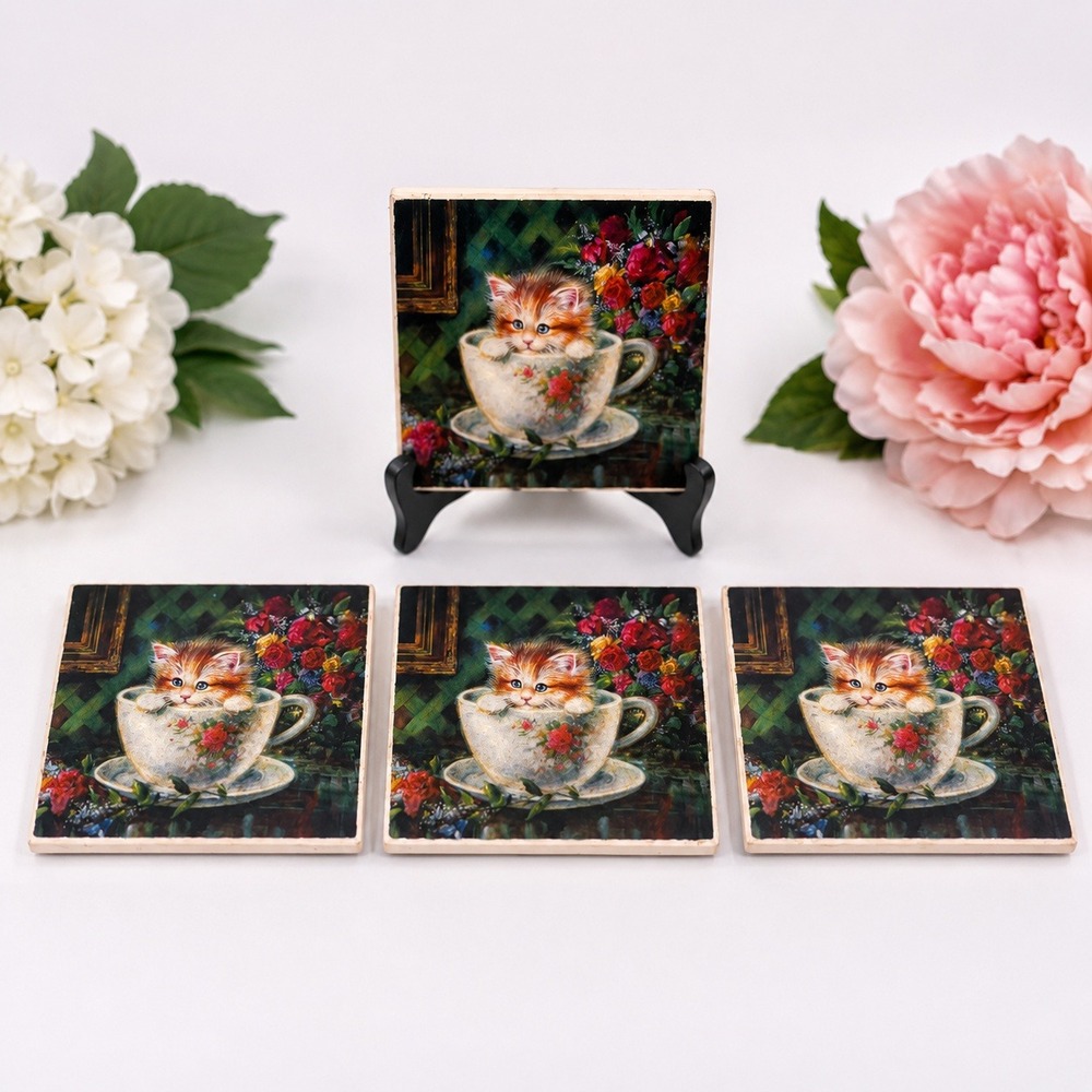 Vintage Ceramic Kitten in Teacup Coasters Set of 4‎ Cork Backed Cat Floral Art